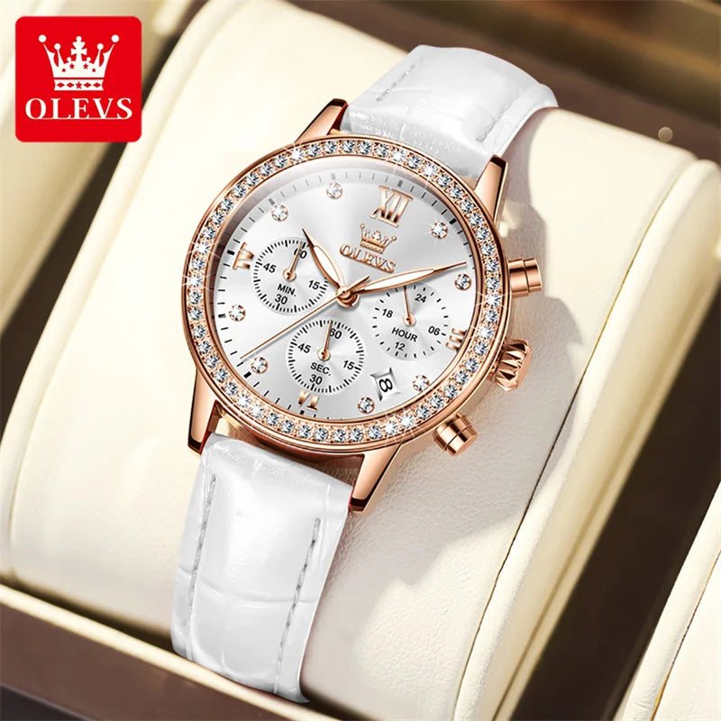 OLEVS Fashion Diamond Watches For Women Luxury Brand Rose Gold Case Ladies Quartz Watch White Leather Strap reloj para mujer Zpaxo