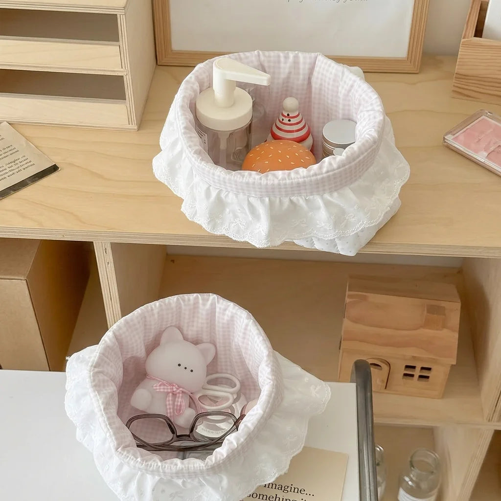 Cotton Fabric Storage Basket | Polka Dot Lace Ruffle Organizer