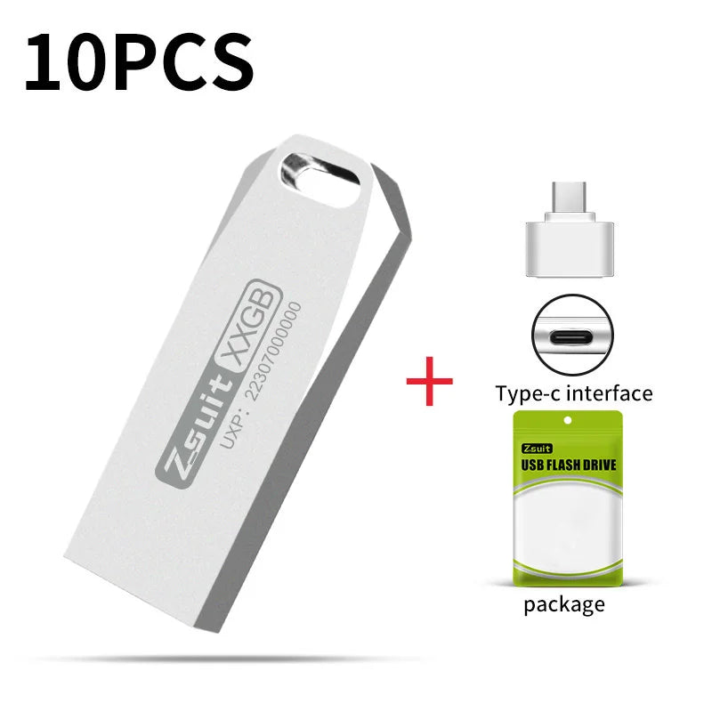 Zsuit 10pcs/USB Flash Drive 64gb Metal Pen Drives 128gb Waterproof Memories Stick 3.0 U-disk Free Logo Gift Pendrive Type-c USB Zpaxo 256M Silver