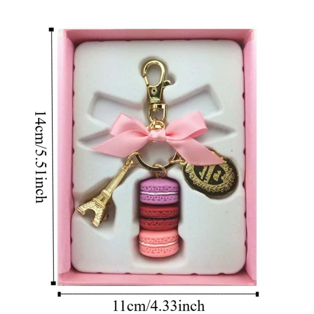 Alloy Bowknot Macaron Cake Pendant Bag Charm Gold Color Eiffel Tower Key Chains Kawaii Dessert Macaron Key Ring Women Girls Zpaxo