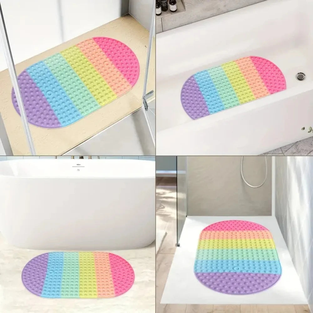 Silicone Non-slip Bath Mat Oval Dark Rainbow Soft Machine-washable Zpaxo