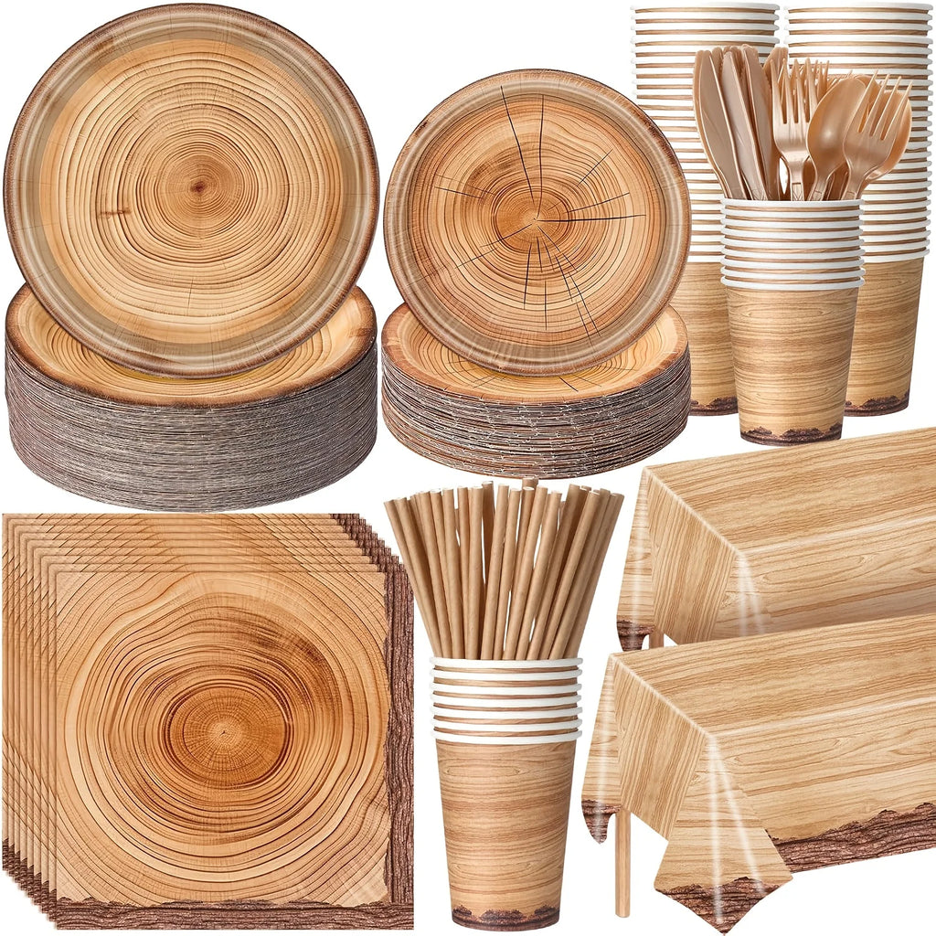 Camping Wood Grain Party Decorations Utensils Suitable Forest-themed