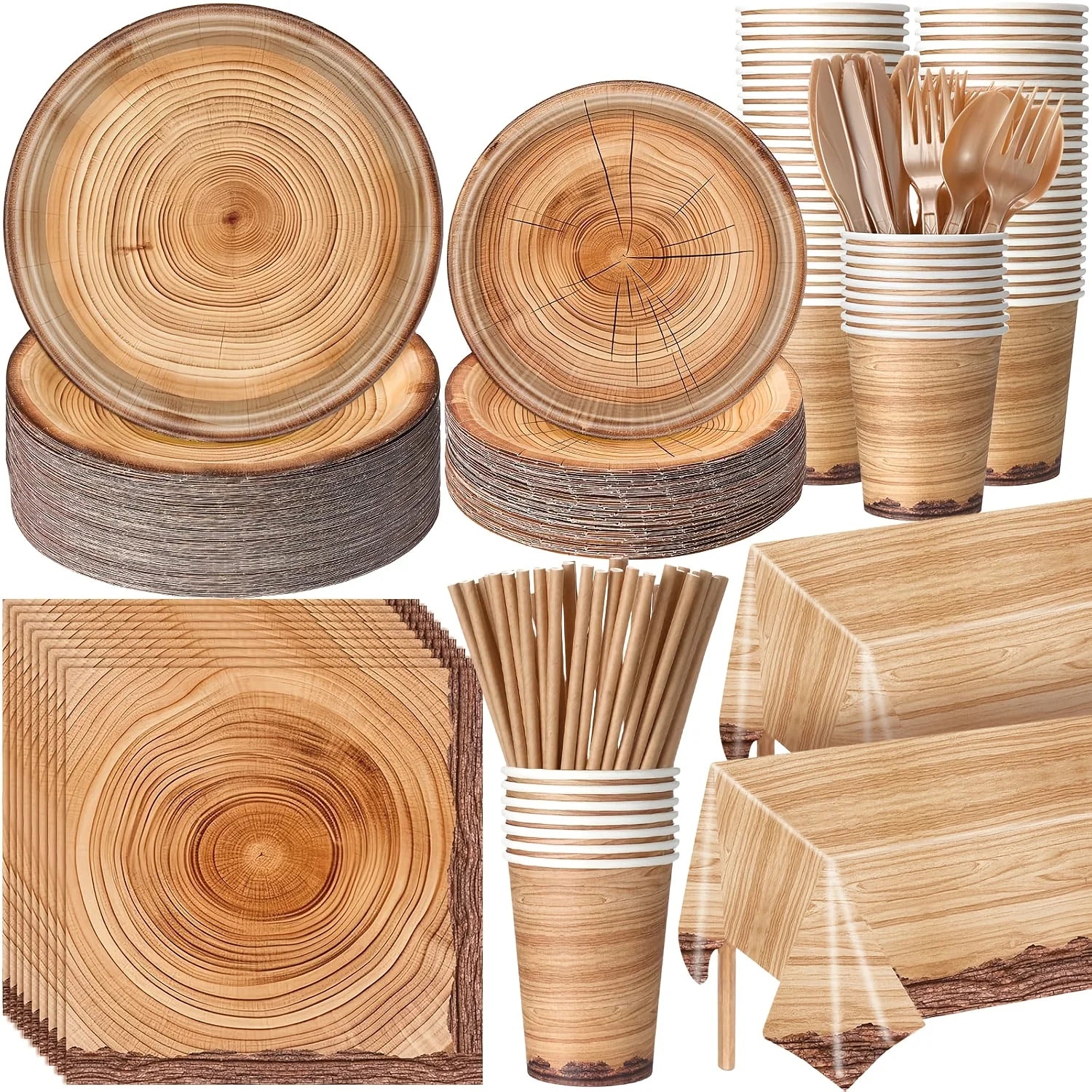Camping Wood Grain Party Decorations Utensils Suitable Forest-themed