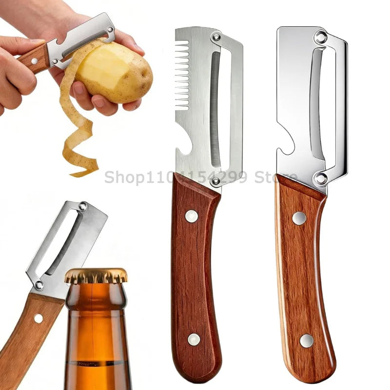 New Paring Knife Ergonomic Wood Handle Knife Stainless Steel Vegetable Peeler with Wooden Handle 2-in-1 Fruit Potato Peeler Zpaxo plastic mix-2PCS