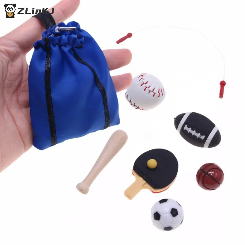 1/12 Dollhouse Simulation Mini Sports Equipment Kit Doll Basketball Football Rugby Skipping Rope Equipment Sport Scene Decor Toy Zpaxo