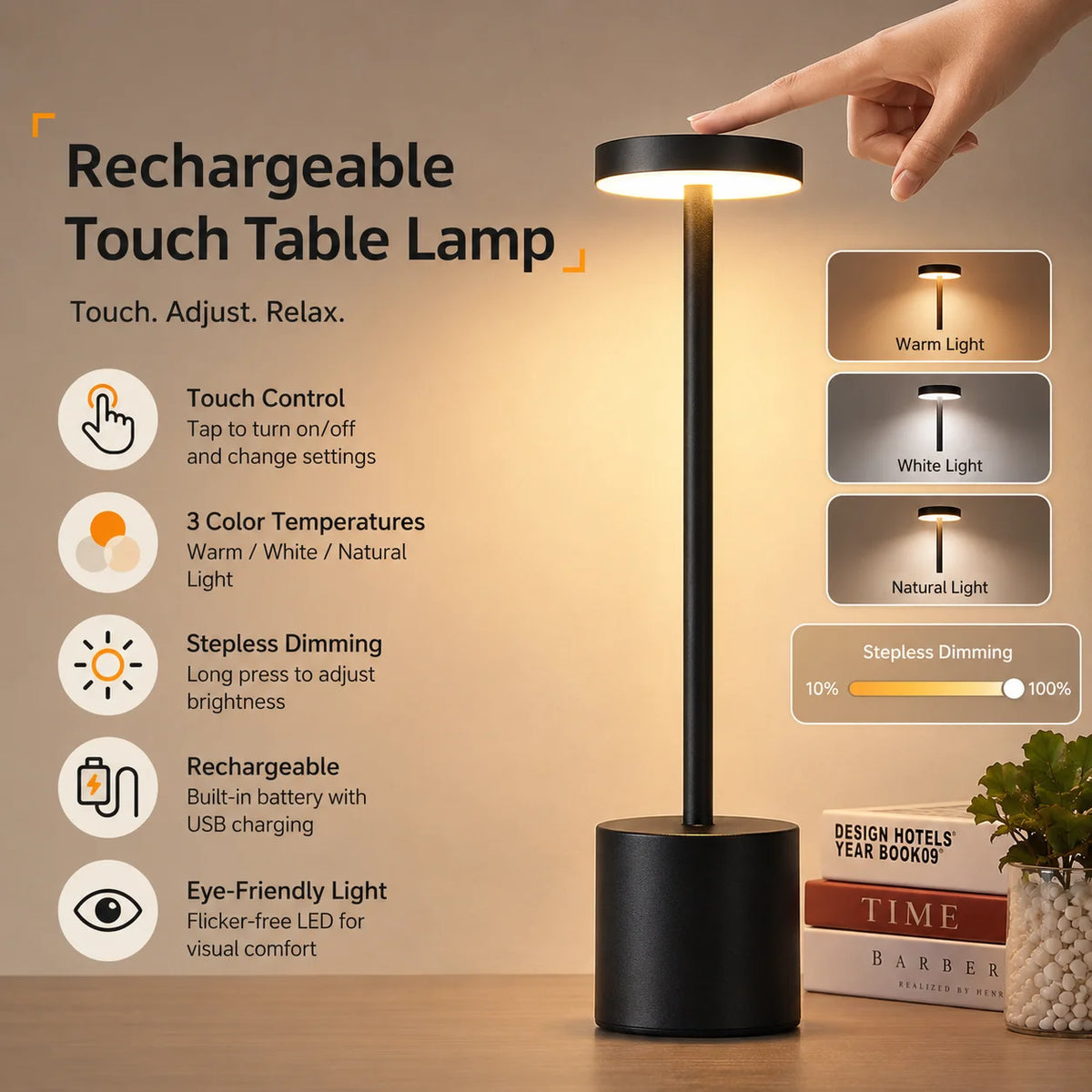 Rechargeable Table Lamp Cordless LED Touch Desk Lamp 3 Color Dimmable Portable Bedside Light for Bedroom Restaurant Office Decor Zpaxo