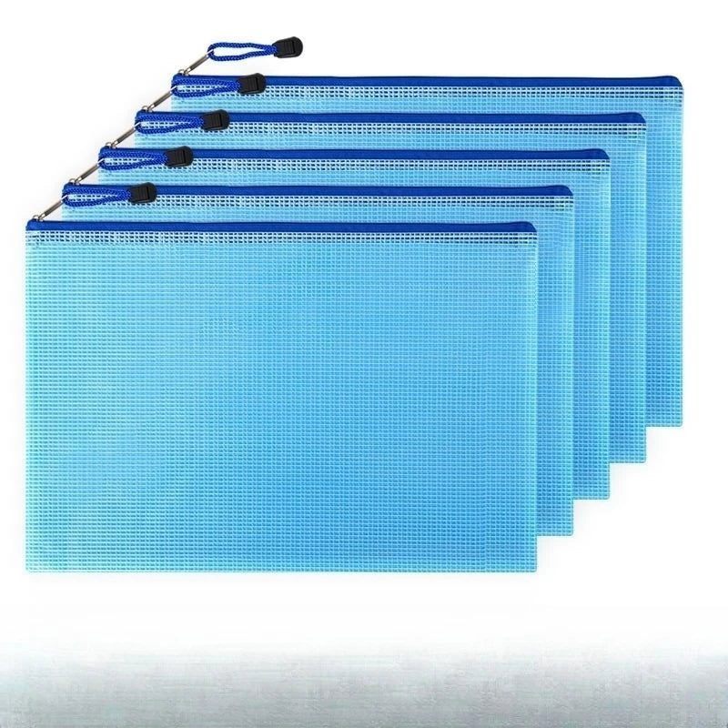 5Pcs A5 Stationery Storage Folder File Mesh Zipper Pouch Document Bag Zip File Folders School Office Supplies Zpaxo Blue