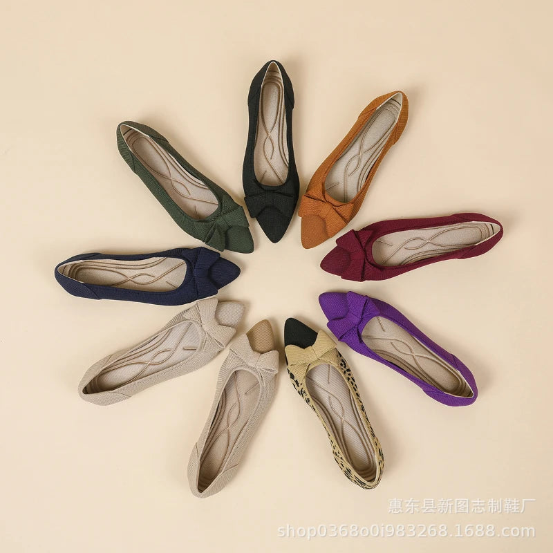 Pointed Toe Knit Princess Shoes Shallow Mouth Bowknot Casual Flats Zpaxo