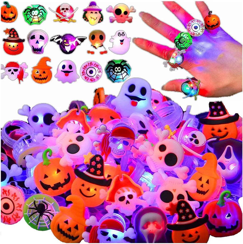 20 Halloween LED Light Up Rings Toys Horror Pumpkin Ghost Spider Glow