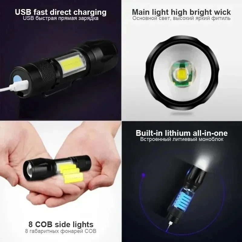 Mini COB+XPE Zoomable LED Torch – USB Rechargeable Flashlight