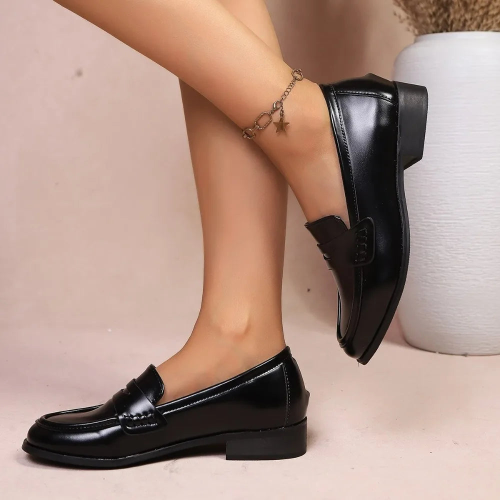 Elegant Black Pu Leather Flats Women 42 Comfortable Low Heel Loafers
