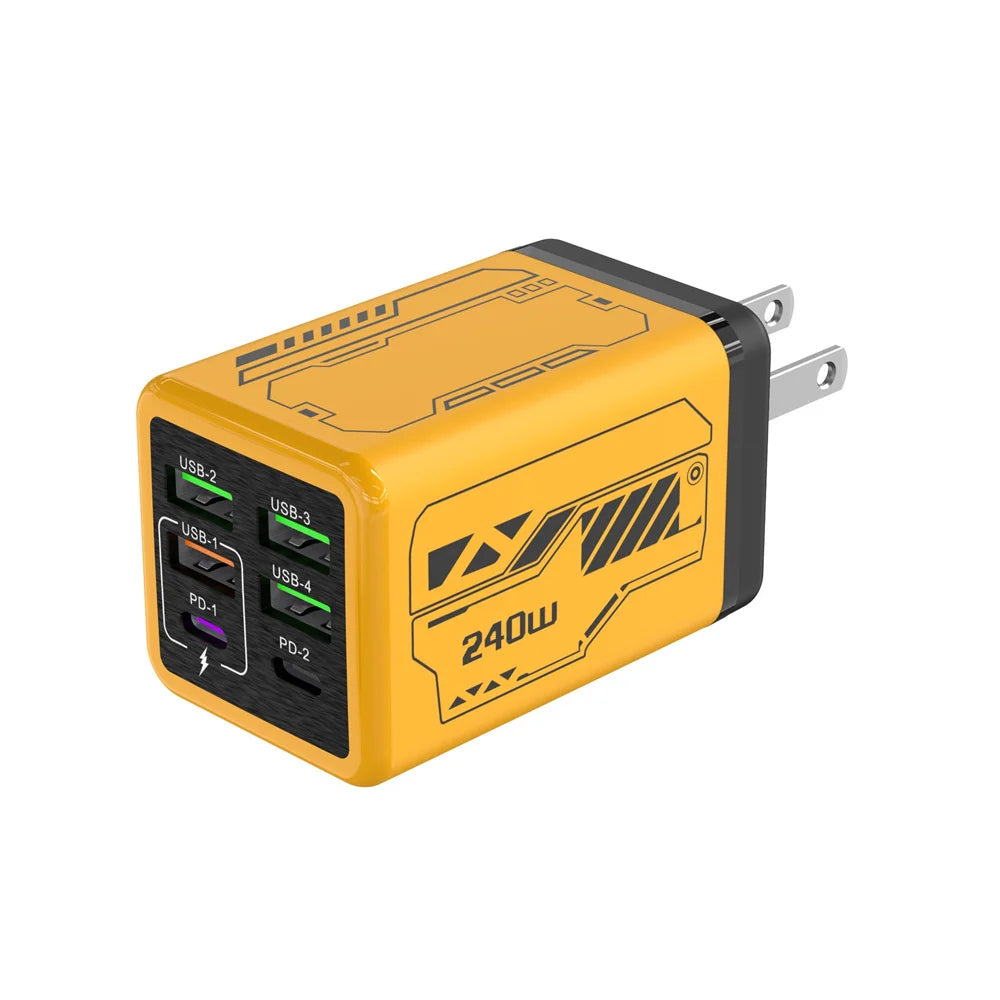 6 in 1 240W USB C Charger PD Fast Charging Mobile Phone Charger Adapter Quinck Charge 3.0 Wall PD USB Type C Charger Zpaxo US Yellow