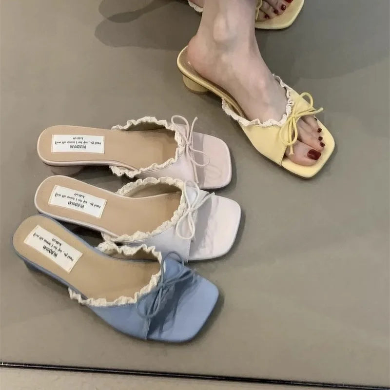Designer Summer Butterfly-knot Lace Women Slippers Casual Thick Low
