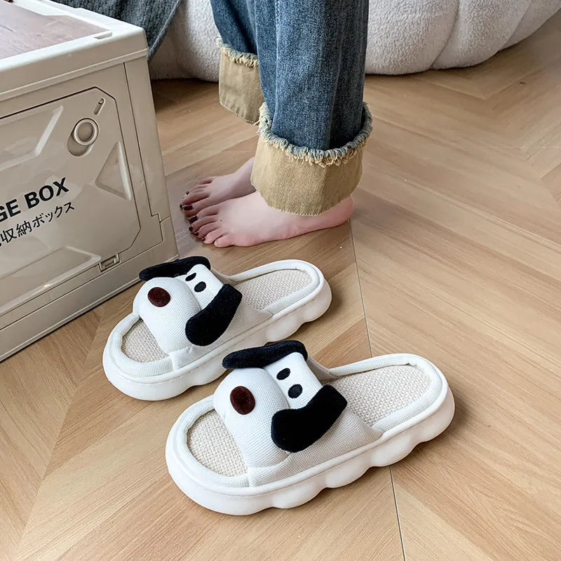 SHAJI Cute Cartoon Dog Linen Slides Summer Couple Platform Non Slip