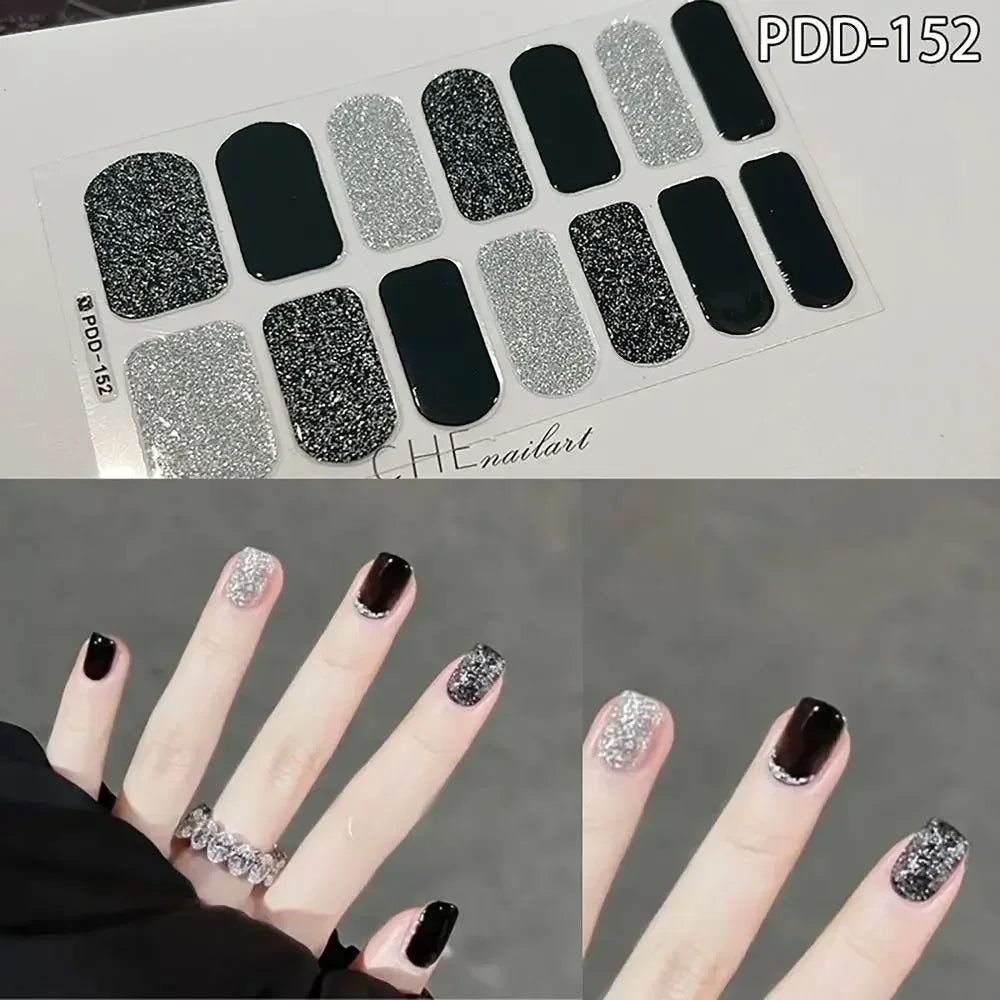 14Strips Gel Nail Stickers Full Cover Floristic Art Semi Cured Polish