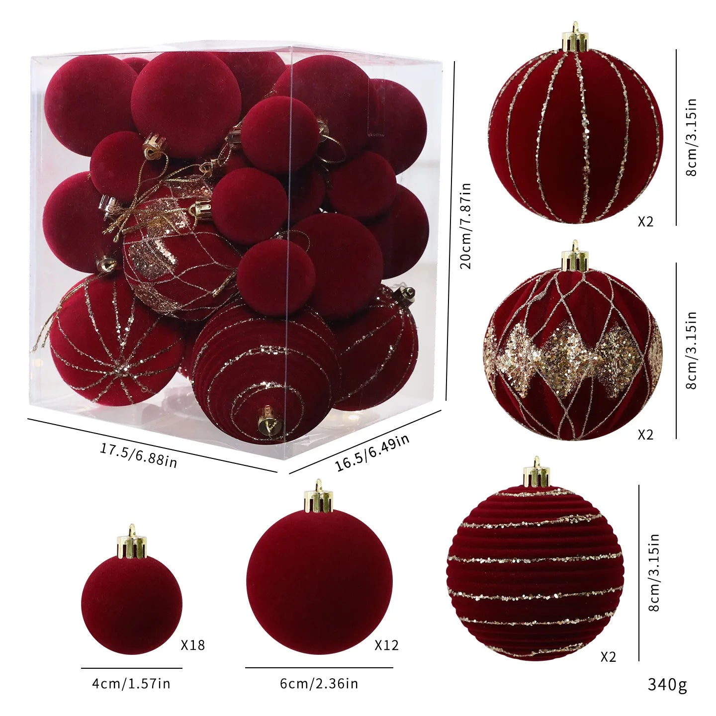 36-Pack Burgundy Velvet Christmas Ball Ornaments | Tree Baubles