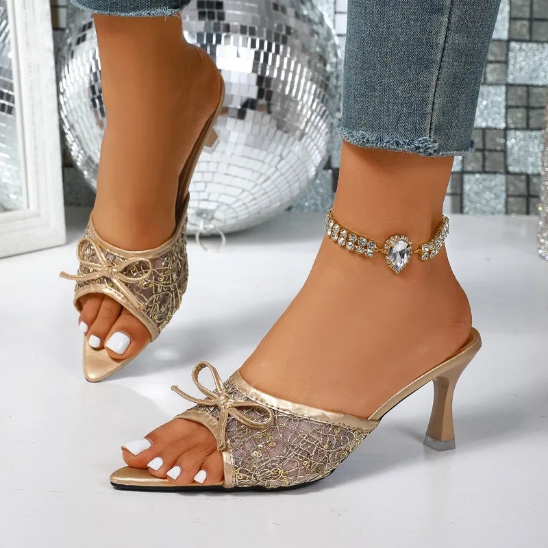 Bowknot Mesh Slippers Women's Shiny Designer Peep Toe Breathable Zpaxo