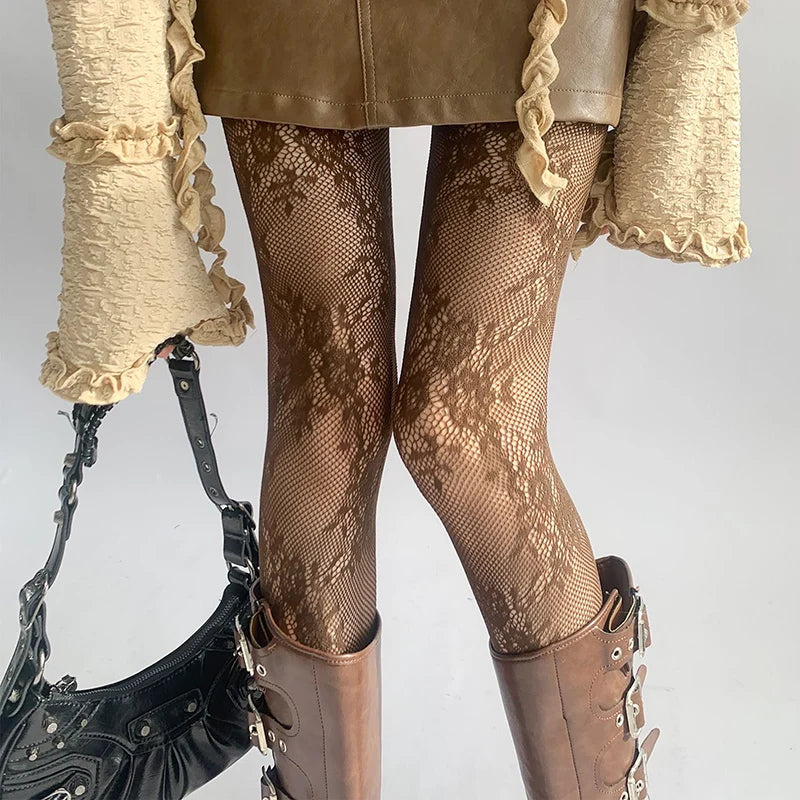 Tights Women Hollow Out Sexy Lace Floral Thigh Stockings Pantyhose Zpaxo brown One Size