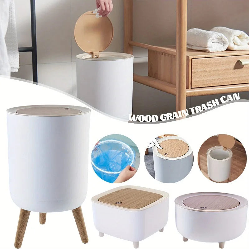 Trash Can Lid Foot Press Dustbin Wooden Grain Waste Bin Kitchen