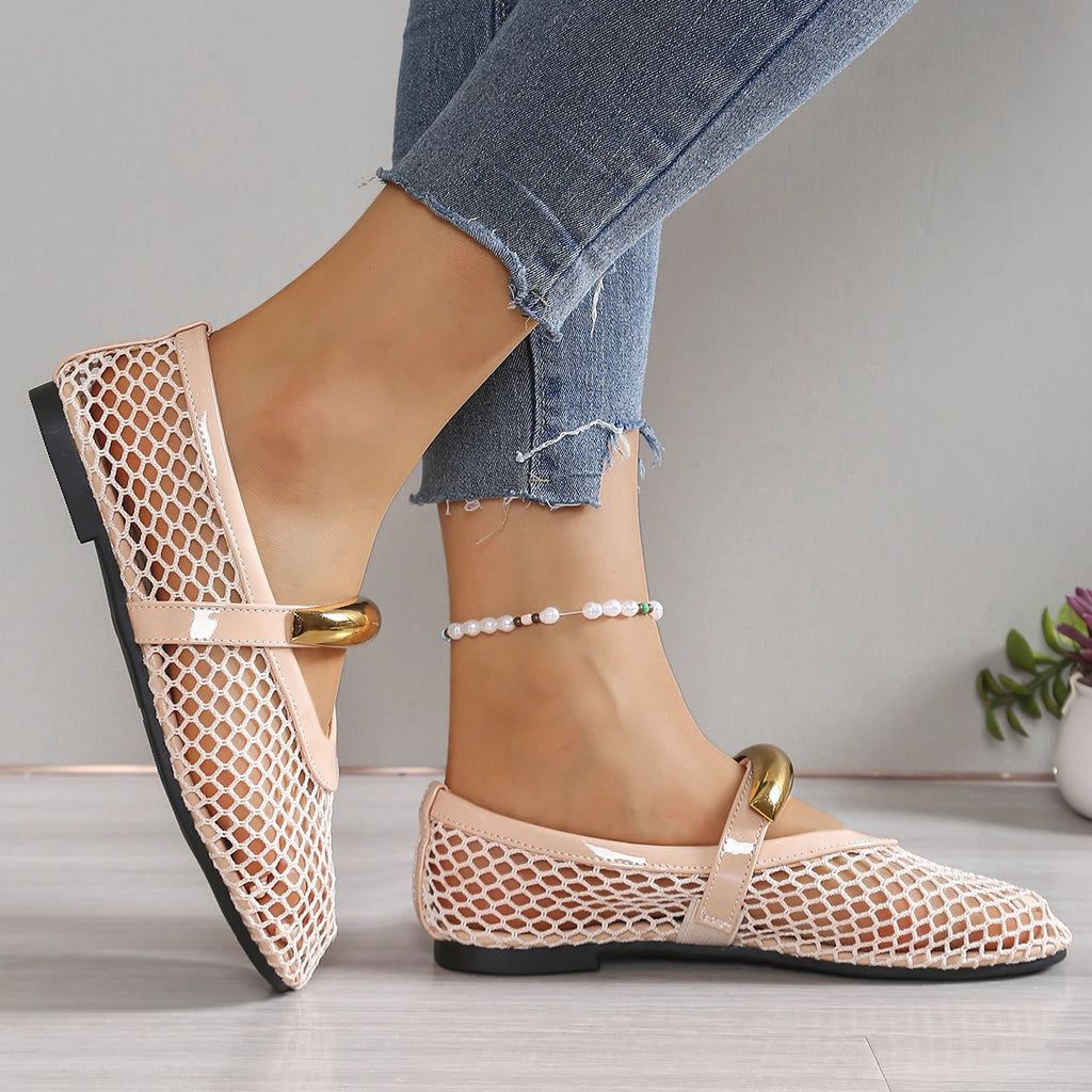 2025 Summer Women's Fashion Metal Decor Belt Flat Soft Soled Shoes Zpaxo