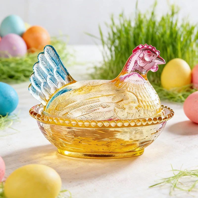 Hen-on-Nest Glass Candy Dish with Lid | Retro Chicken Bowl