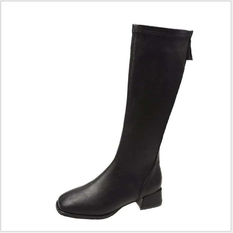 2023 Women Knee Boots Female Leather Knight Ties Lady Heels White Zpaxo Black plus velvet 37(Foot 23.5cm) China Mainland