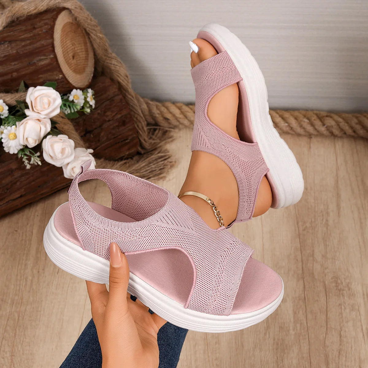 Women Sandals Low Heel with Durable Rubber Sole Shoes for Women Comfortable Slip-On Sandals Breathable Knit Open Toe Shoes Zpaxo Pink 40