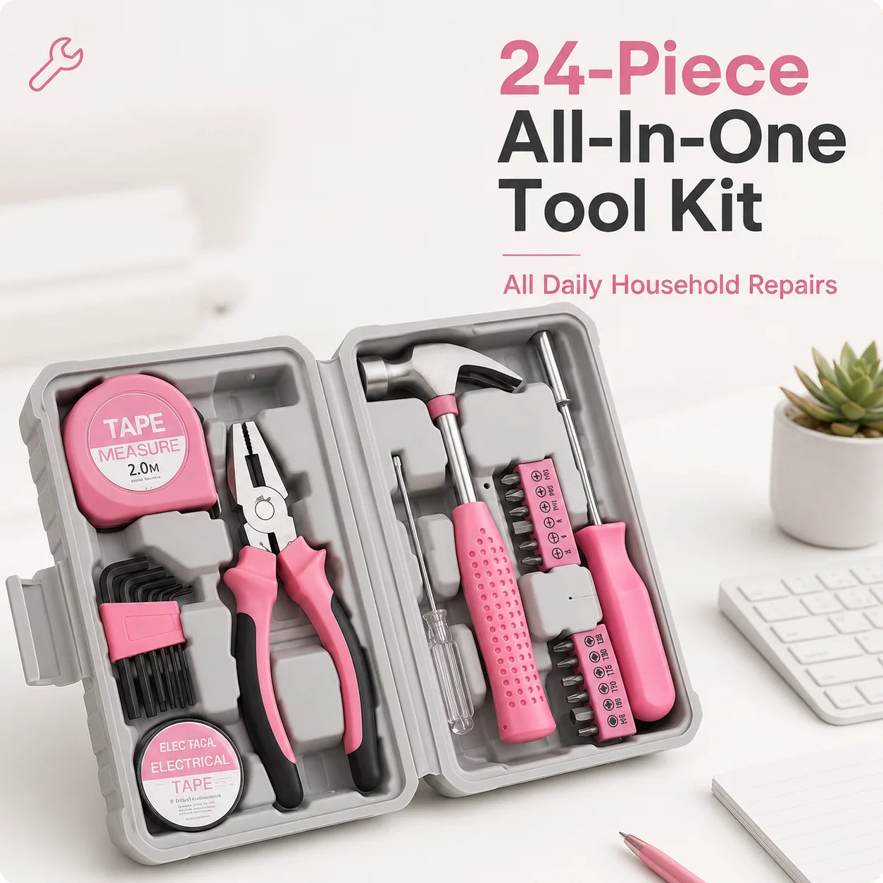 24pc Pink Tool Kit for Women Household Hand Tools Set with Portable Carrying Case Small Compact DIY Repair Toolbox for Home Gift Zpaxo As shown