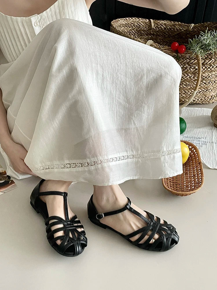 Sandals for Women 2025 Summer French Retro Woven Toe Cap Sandals for Women Flat Bottomed Pregnant Women Roman Shoes Zpaxo black 36