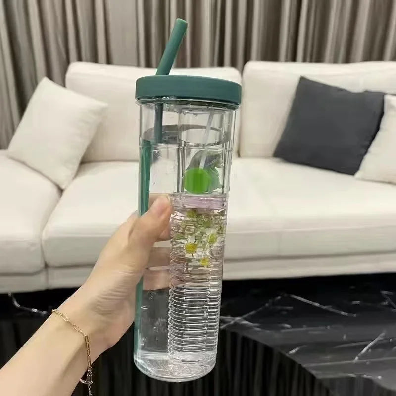 Hot Plastic Water Bottle with Straw Fruit Infuser Tea Juice Cup Fitness Outdoor Travel Bottles Kettle Transparent Straw Cup yuzi Zpaxo 700ml Green