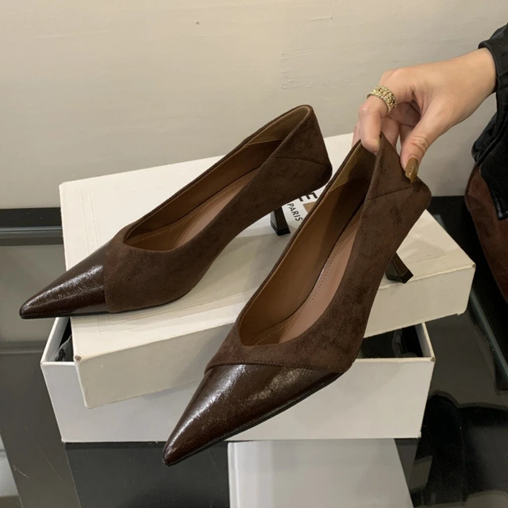 Autumn 2025 Korean-style Pointed Suede Shallow Stiletto Heels Zpaxo 39 Brown