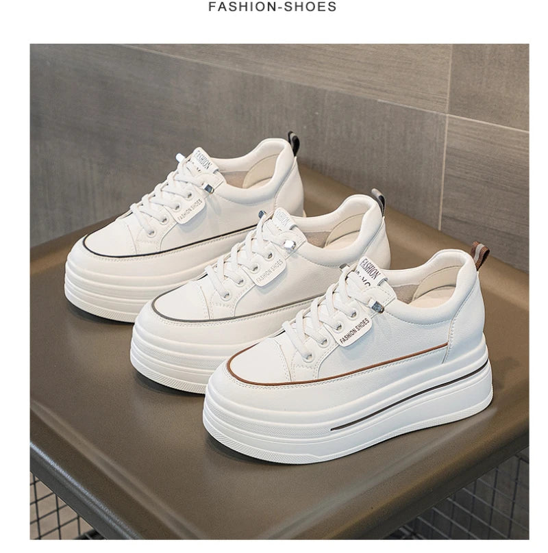 Women White Leather Platform Sneakers Hidden Heel Lift Casual Low Zpaxo