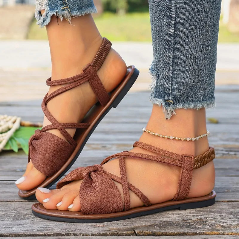 Women Sandals 2026 Summer Flat Bottom Roman Strap Non Slip Rubber