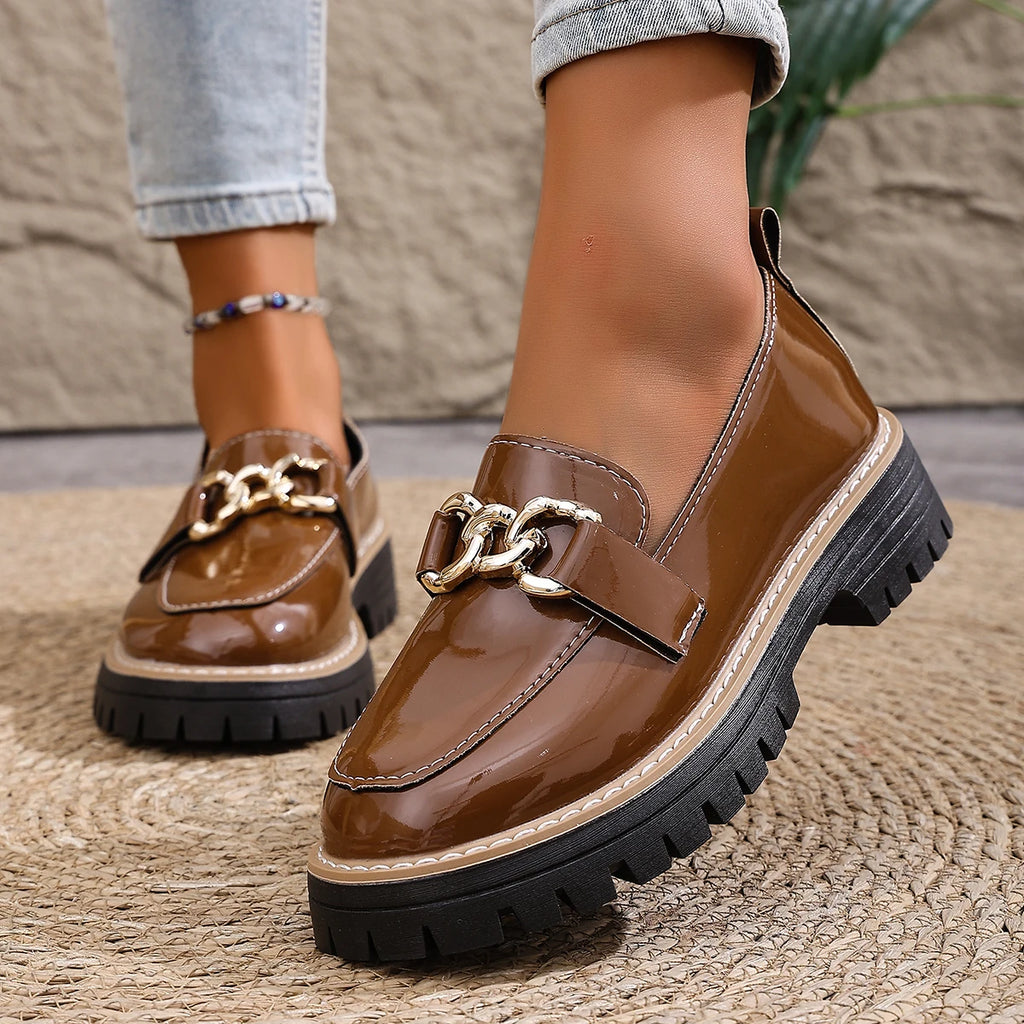 Women Loafers Thick Heel Chunky Casual Shoes Spring Autumn Retro Flats Shoes Women Round Toe Metal Decorated Sneakers Women Zpaxo Brown 38