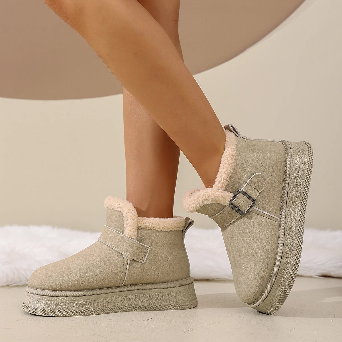 Flat Snow Boots Winter New Round Toe Deep Mouth Suede Metal Buckle Wool Protective and Non-slip Platform Warm Cotton Boots Zpaxo Beige 37