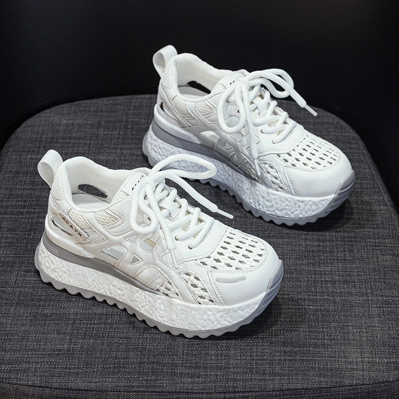 Womens Breathable Mesh Platform Sneakers Hidden Heel Lift Casual Lace Zpaxo