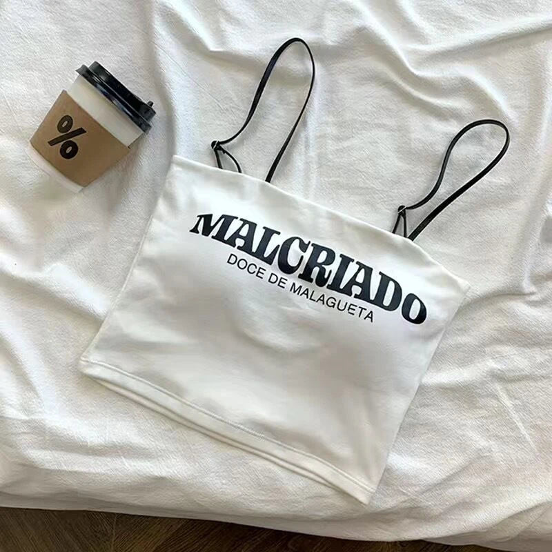 Sexy Crop Tops Women Summer Shirring Sleeveless Slim Camis Tops Bodycon With Chest Pad Letter Fashion Casual Soft Tops Female Zpaxo white Uniform size