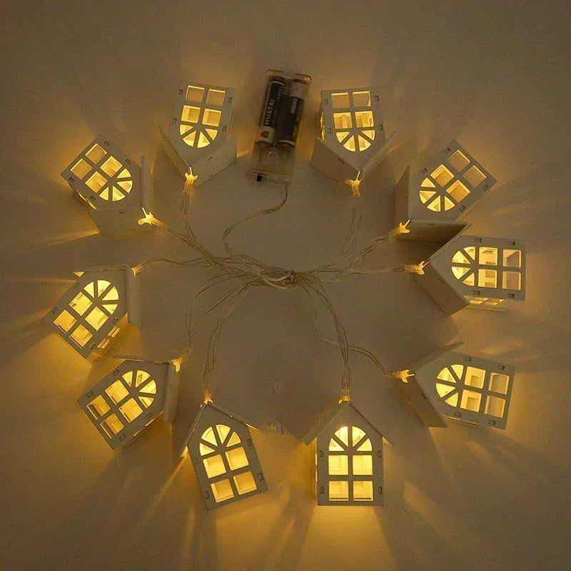 10LED 2M Christmas Wooden House LED Fairy Light String Home Hanging Garland Xmas Tree Ornaments Decoration Lamp 2025 New Year Zpaxo