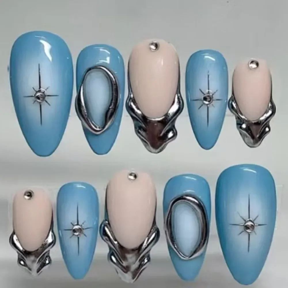 Long Almond False Nails French Leopard Star Press Fake DIY Manicure