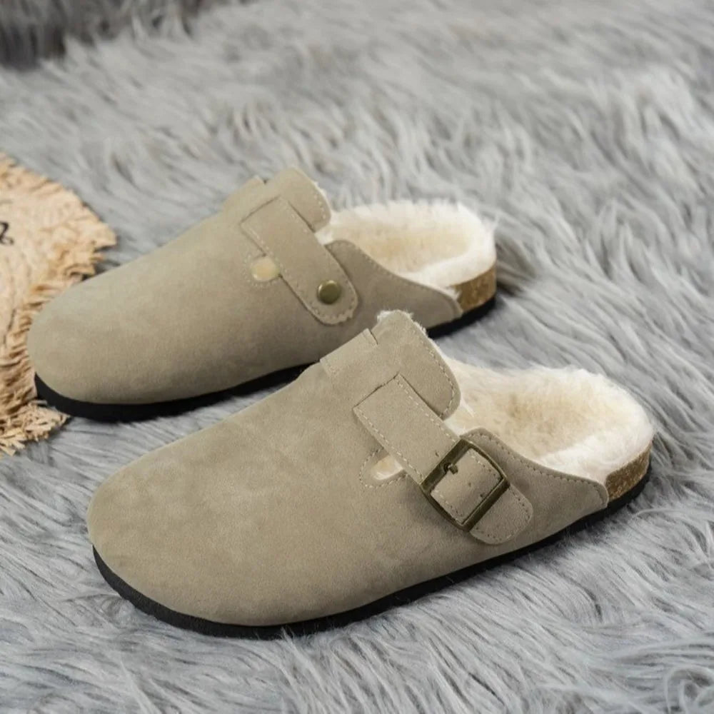 Fur Lined Clogs Women Men Winter Fuzzy Cork Slippers Mules Short