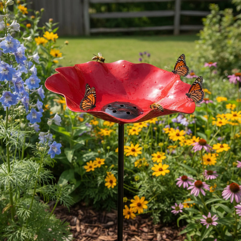 Metal Flower Garden Stake Weather Proof Butterfly Bees Bath Bowl Bird