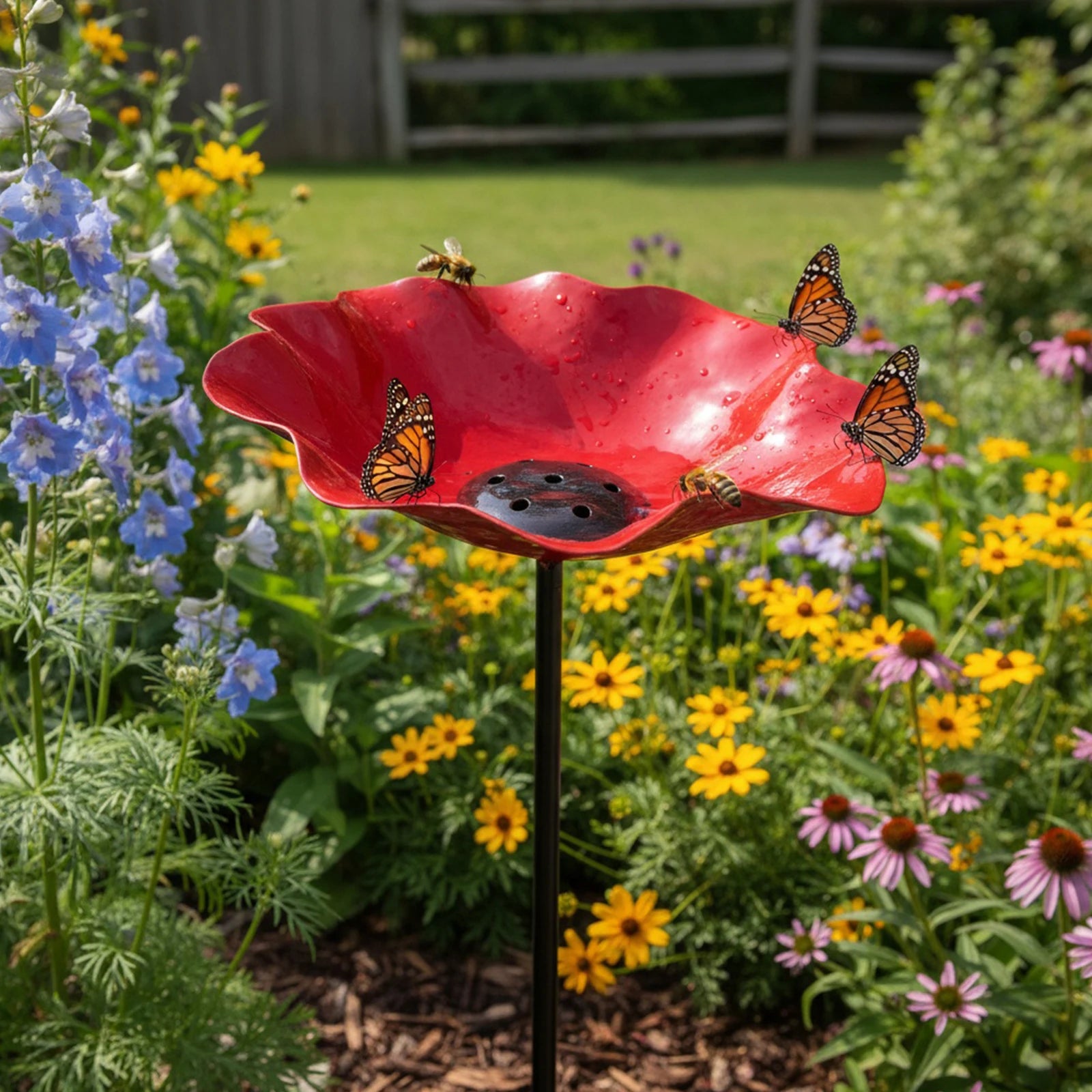 Metal Flower Garden Stake Weather Proof Butterfly Bees Bath Bowl Bird