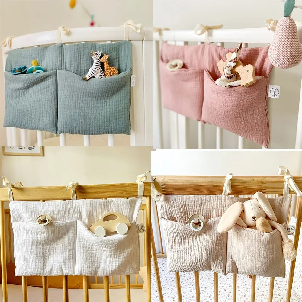Baby Crib Storage Bag Cotton Double Pouch Newborn Bed Headboard