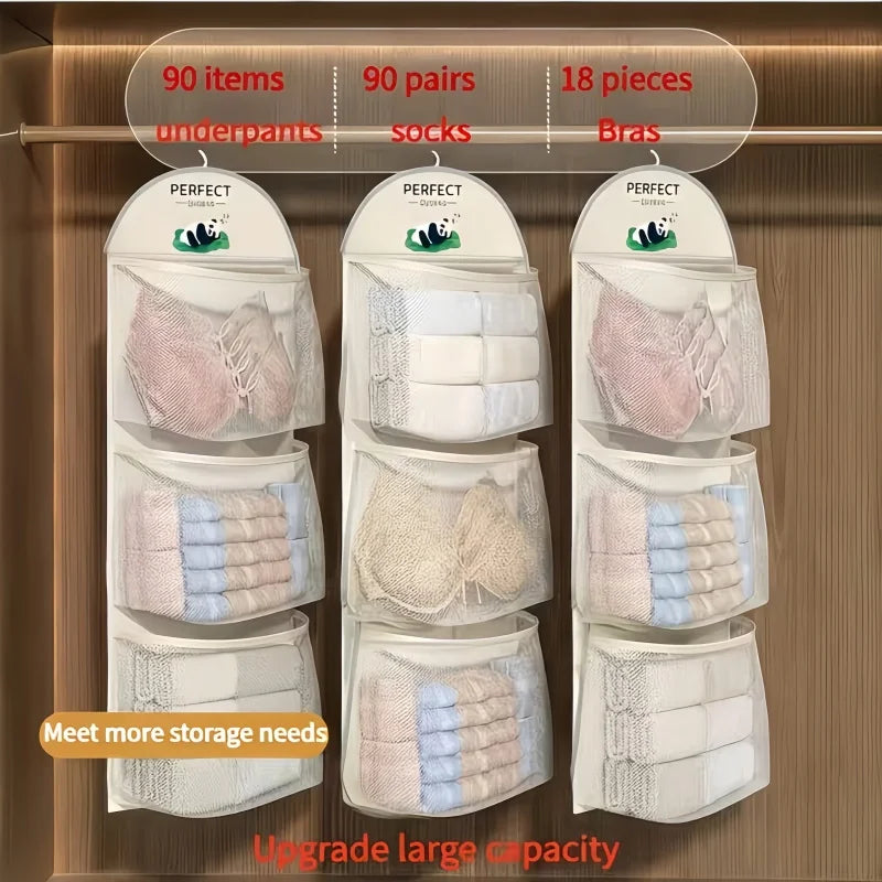2PCSTriple-Tier Hanging Underwear, Socks, and Bra Grid Organizer-For Dorm vs. Home Wall Hanging Storage Bag Zpaxo