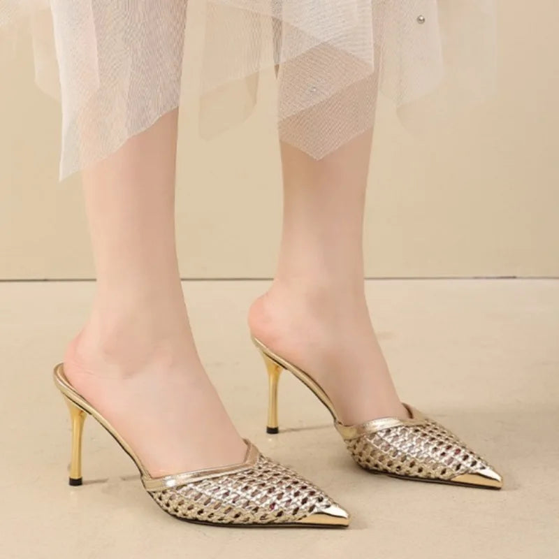 Women's Hollow Pointed Toe Sandals Elegant Metal Heels Shoes Women Zpaxo
