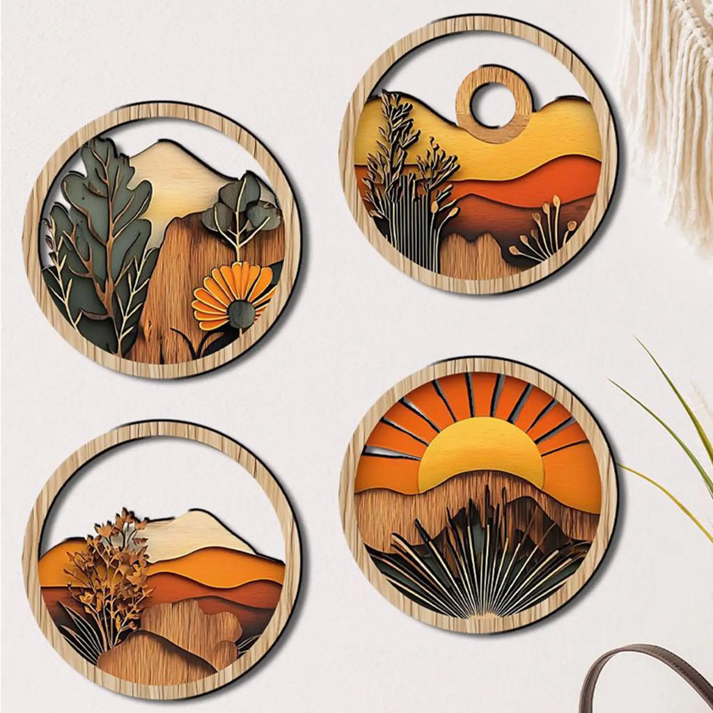 4-Piece Bohemian Wooden Wall Art Set | Boho Geometric Decor Wooden Wall Art Zpaxo