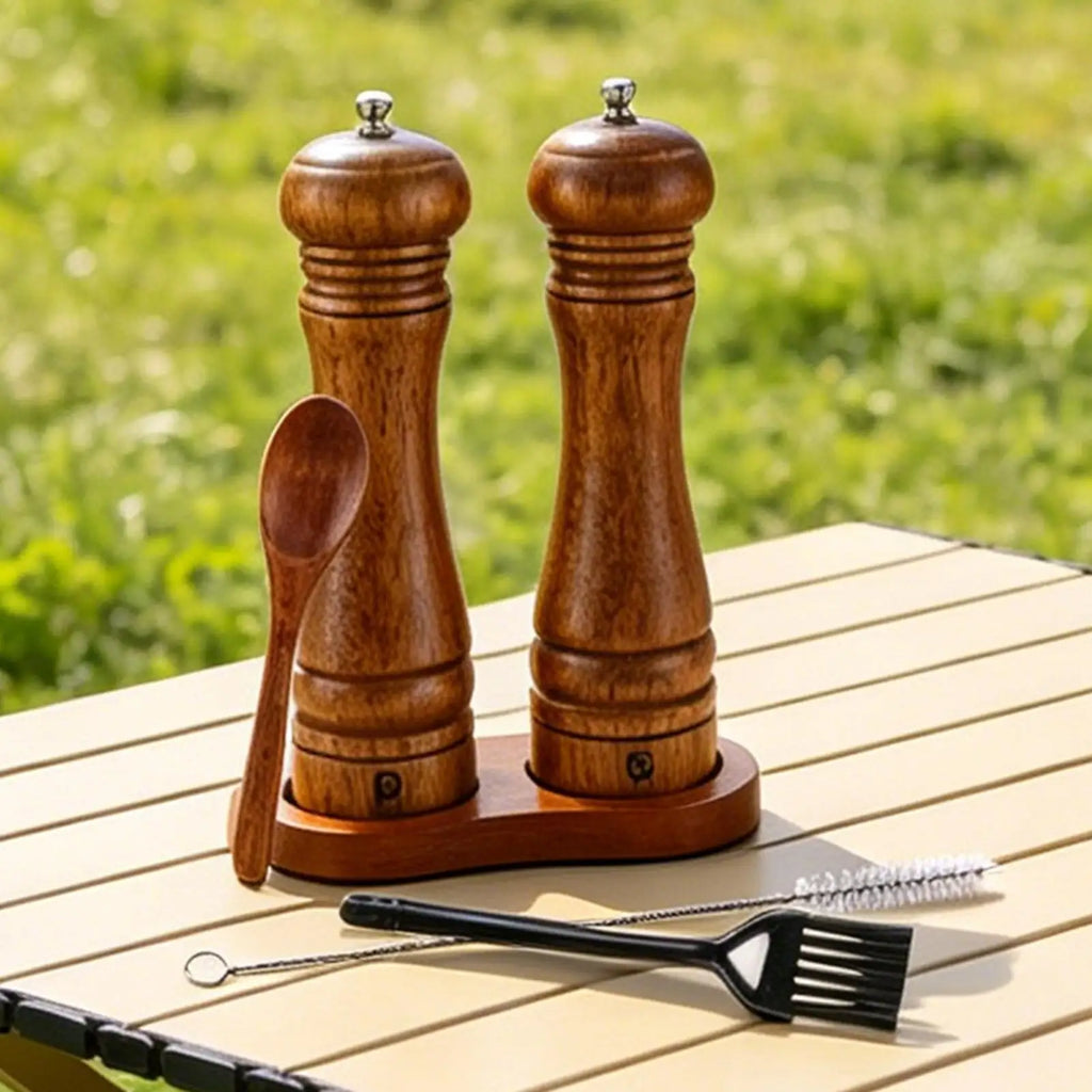 Wooden Salt Pepper Grinder Refillable 1 Spoon 2 Cleaning Brushes