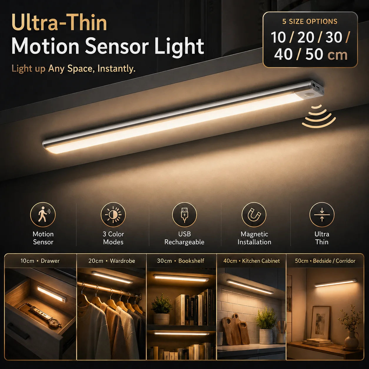 Motion Sensor LED Under Cabinet Light Wireless USB Rechargeable Closet Wardrobe Lamp Ultra Thin for Kitchen Bedroom Zpaxo