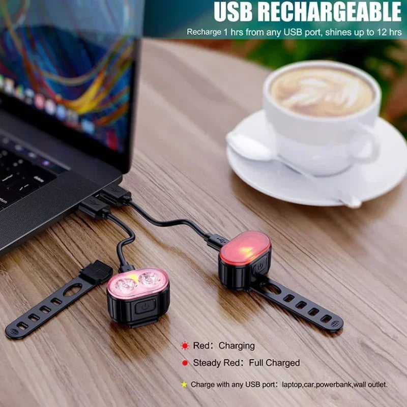 USB Rechargeable Bike Light Set – Front & Rear, 4 Modes