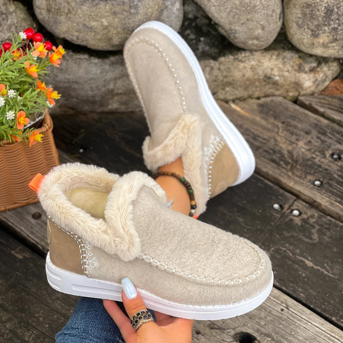 Women Cotton Shoes New 2025 Slip-On Winter Boots Thickened Fluff Lined Flat Bottom Snow Boots Warm Round Toe Leisure Shoes Zpaxo Beige 40